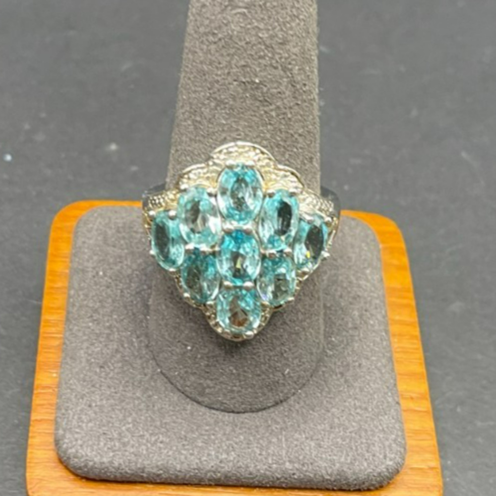 STS Signed 925 Sterling Silver Blue Topaz Cocktail Cluster Ring Size 10